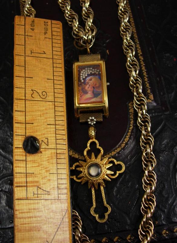 Shrine necklace with holy cross relic and miniature pearl virgin Mary & child portrait