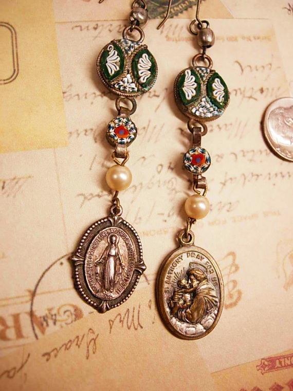 Micromosaic earrings St Anthony Miraculous Mary Religious drop Italy