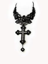 Gothic cross necklace black bib with HUGE pendant in rhinestones