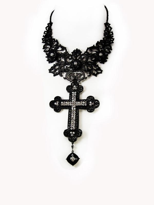 Gothic cross necklace black bib with HUGE pendant in rhinestones