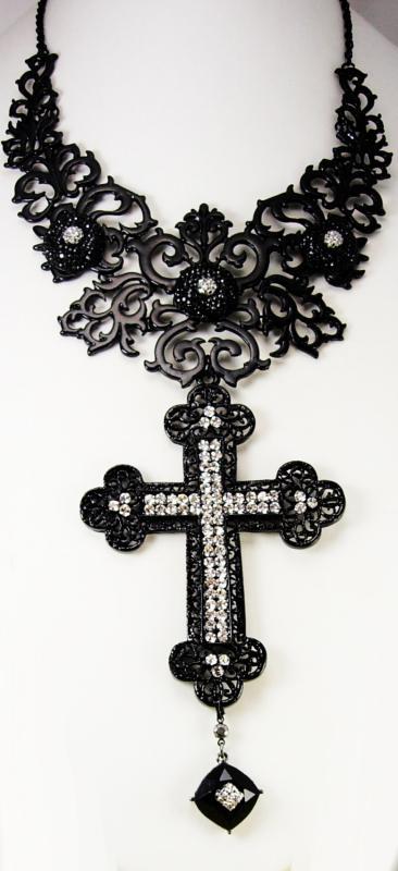 Gothic cross necklace black bib with HUGE pendant in rhinestones