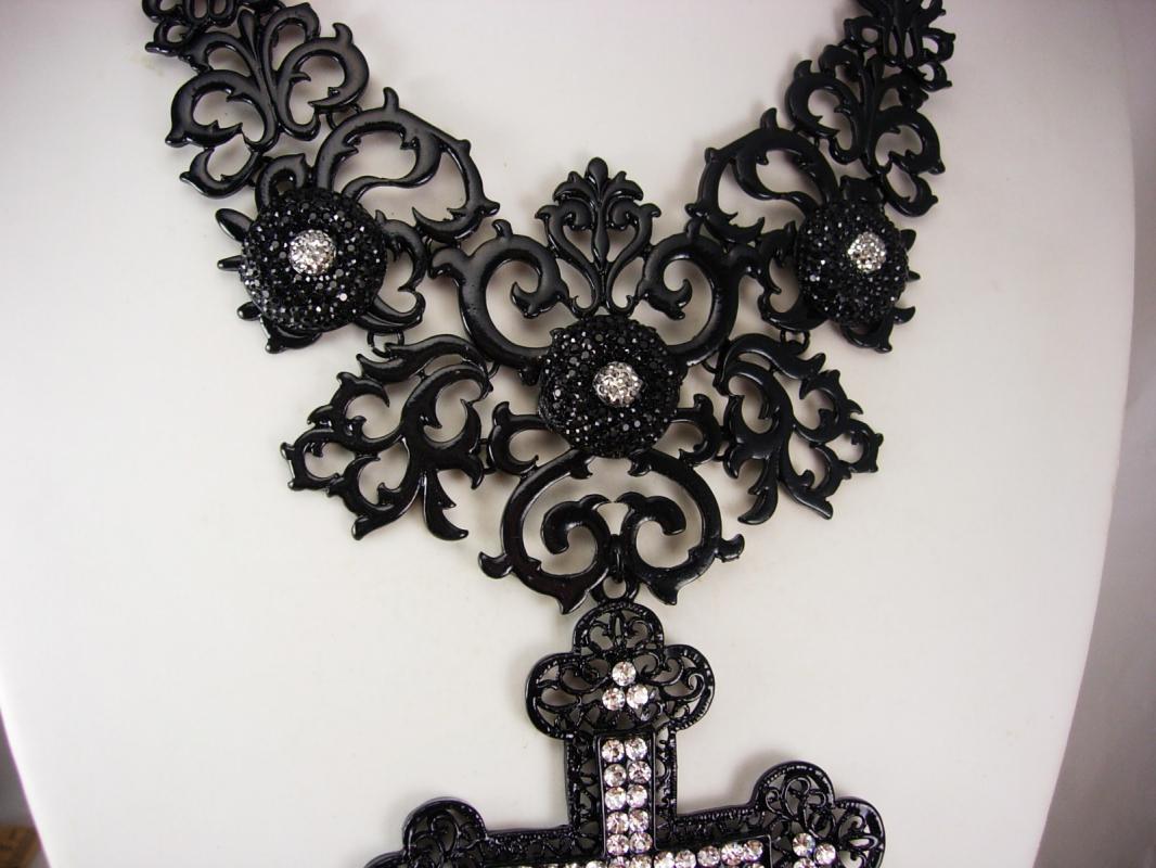 Gothic cross necklace black bib with HUGE pendant in rhinestones