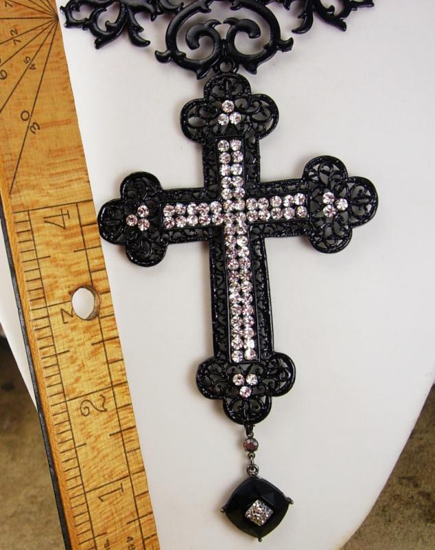 Gothic cross necklace black bib with HUGE pendant in rhinestones