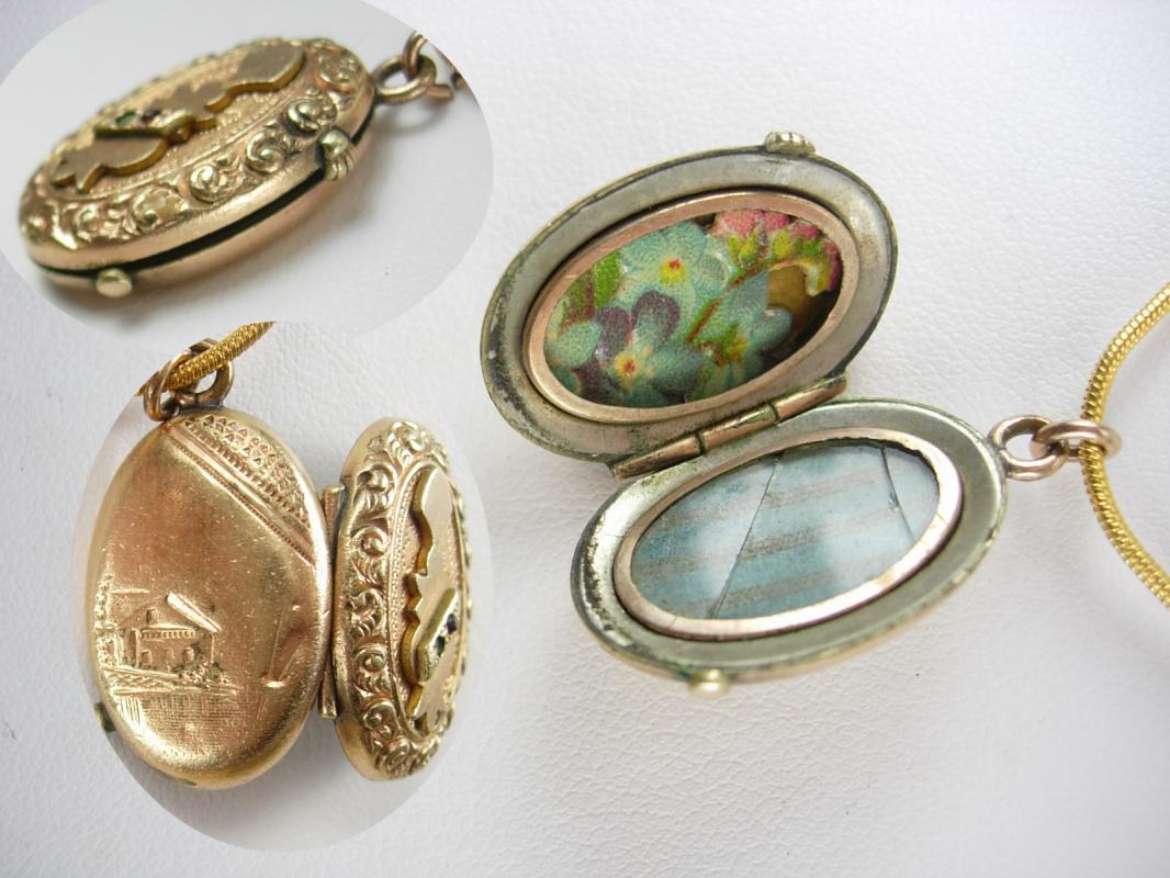Antique Locket Victorian rose gold filled with garnet and fancy relief necklace