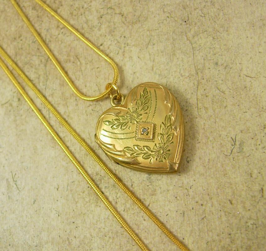Antique heart locket diamond center yellow green and rose gold sweetheart