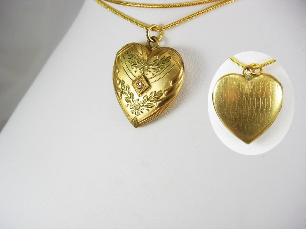 Antique heart locket diamond center yellow green and rose gold sweetheart