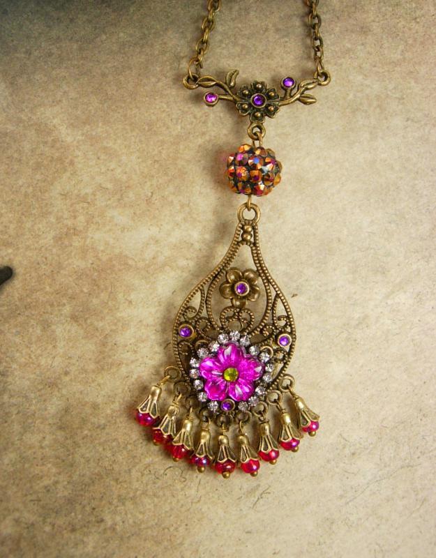 Bohemian Necklace Pink Chandelier Gypsy rhinestone pendant