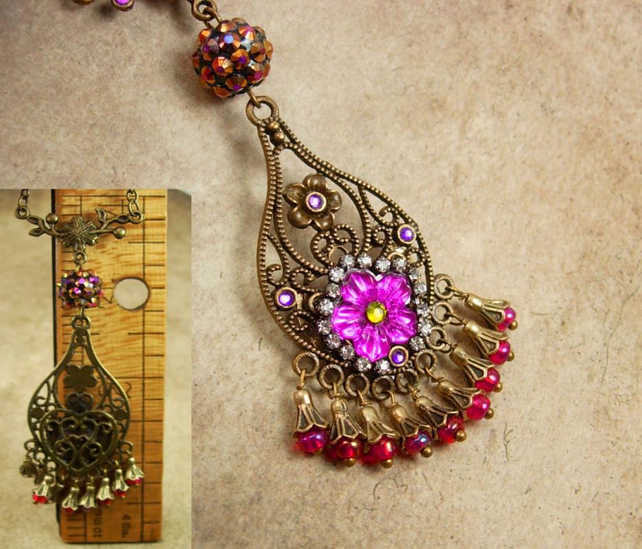 Bohemian Necklace Pink Chandelier Gypsy rhinestone pendant