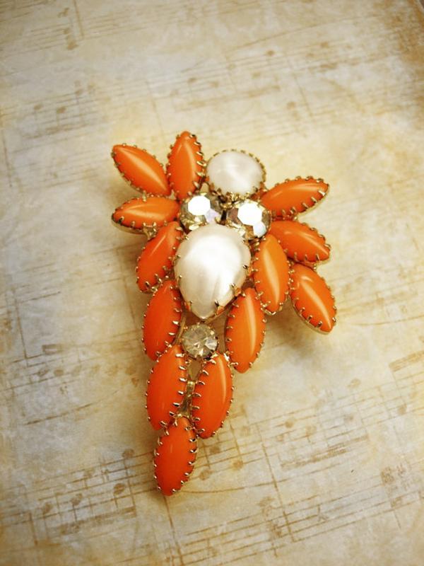 HUGe vintage brooch orange Dramatic Rhinestone and pearl cascading navettes
