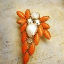 HUGe vintage brooch orange Dramatic Rhinestone and pearl cascading navettes