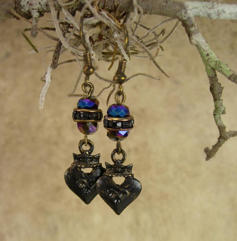 Gothic earrings Black sacred heart crown drops