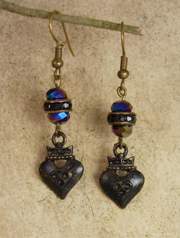 Gothic earrings Black sacred heart crown drops