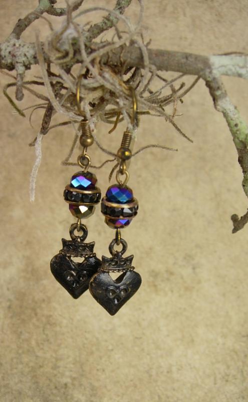 Gothic earrings Black sacred heart crown drops