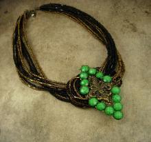 Fleur de lis Necklace Jeweled Green buckle multi strand beadwork