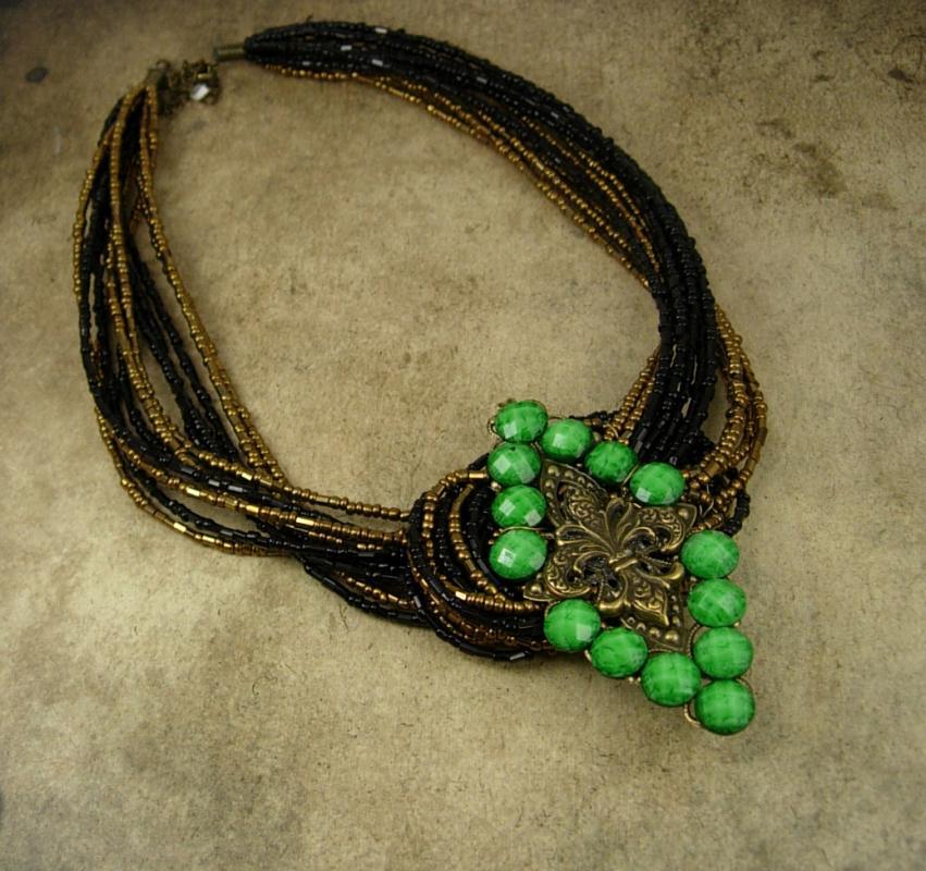 Fleur de lis Necklace Jeweled Green buckle multi strand beadwork
