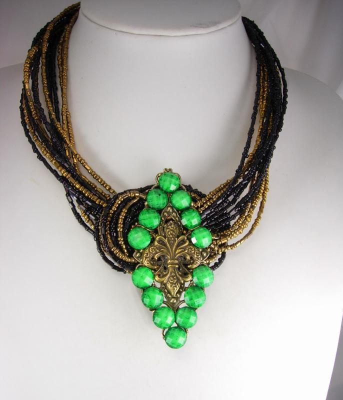 Fleur de lis Necklace Jeweled Green buckle multi strand beadwork