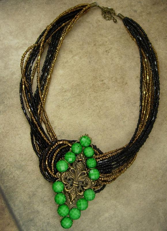 Fleur de lis Necklace Jeweled Green buckle multi strand beadwork