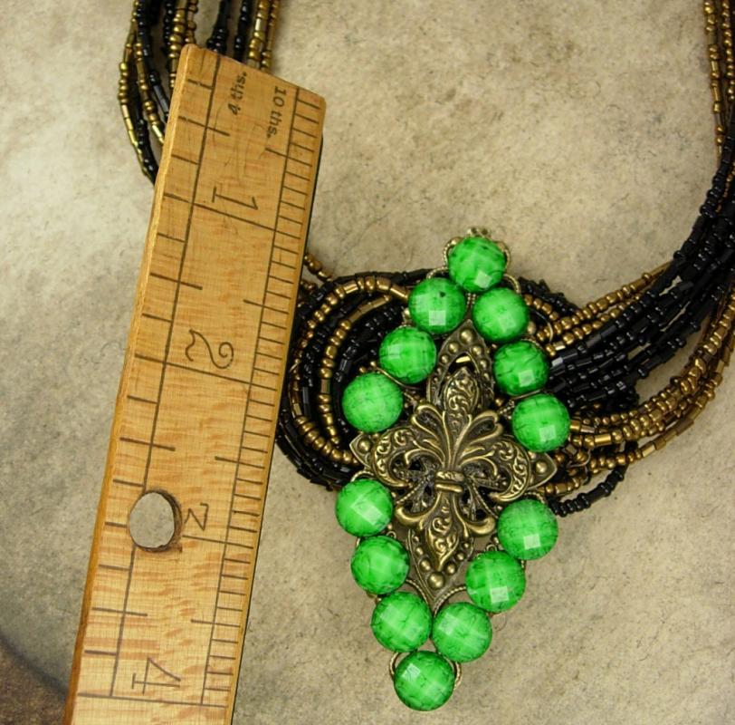 Fleur de lis Necklace Jeweled Green buckle multi strand beadwork