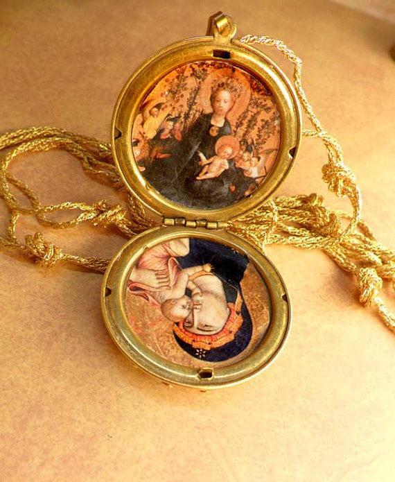 Edwardian locket Vintage jeweled religious Icon portraits and woven chain