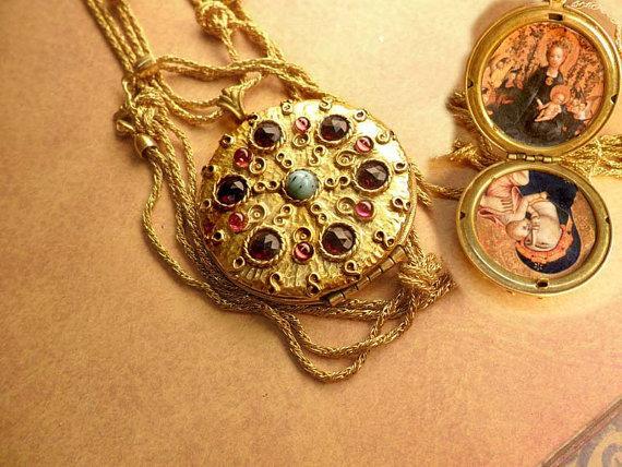 Edwardian locket Vintage jeweled religious Icon portraits and woven chain