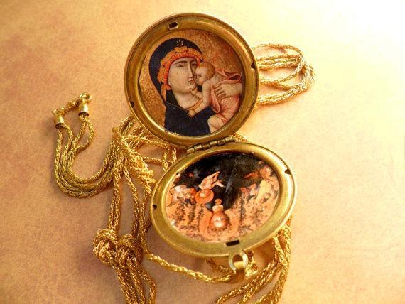 Edwardian locket Vintage jeweled religious Icon portraits and woven chain