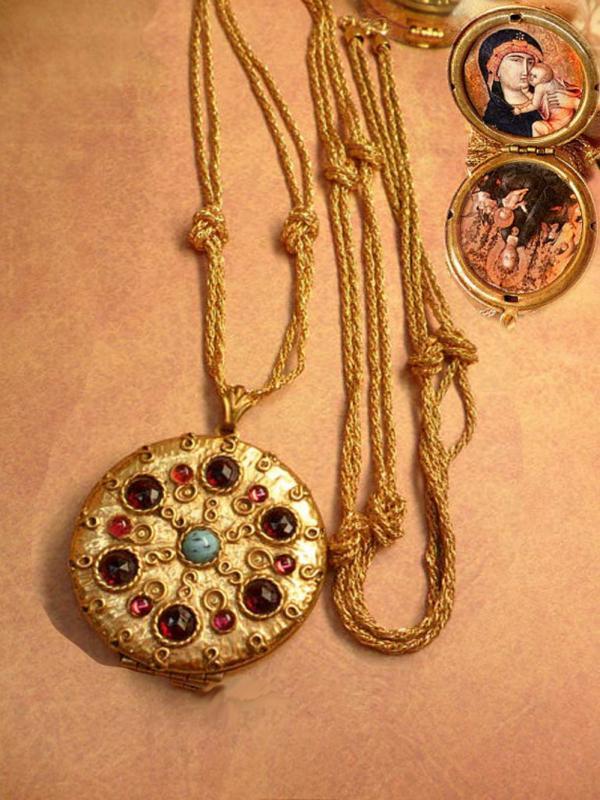 Edwardian locket Vintage jeweled religious Icon portraits and woven chain