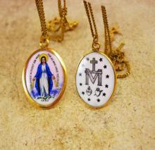 Antique Icon necklace 1830 Hungarian Enamel Miraculous Portrait GOLD Vintage Sacred Heart