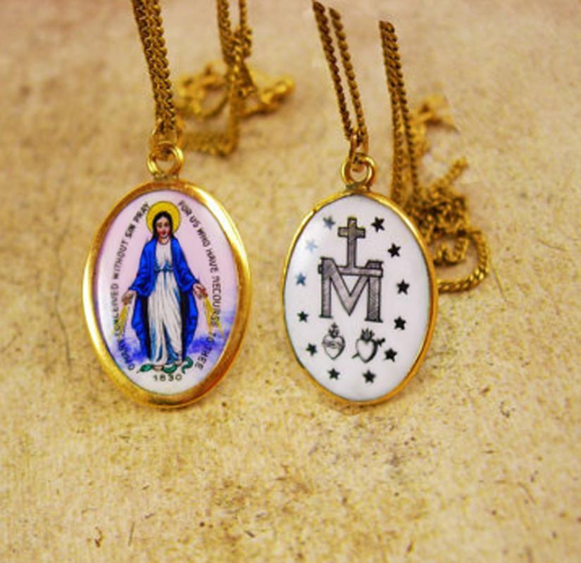 Antique Icon necklace 1830 Hungarian Enamel Miraculous Portrait GOLD Vintage Sacred Heart