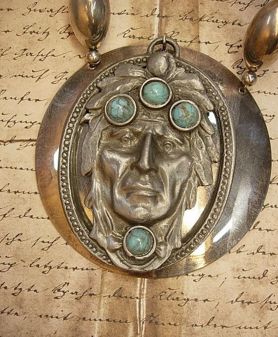 SPiritual Necklace Turquoise Indian head huge pendant silver talisman necklace