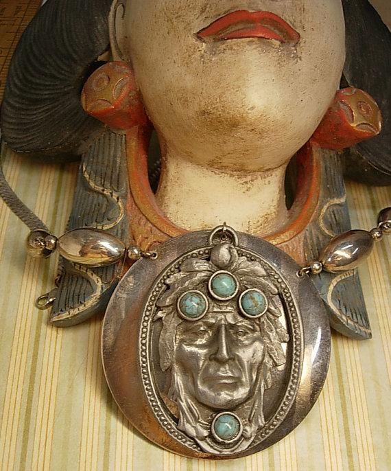 SPiritual Necklace Turquoise Indian head huge pendant silver talisman necklace