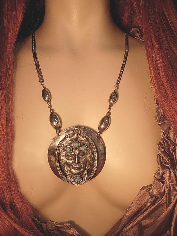 SPiritual Necklace Turquoise Indian head huge pendant silver talisman necklace