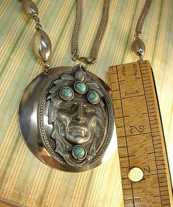 SPiritual Necklace Turquoise Indian head huge pendant silver talisman necklace