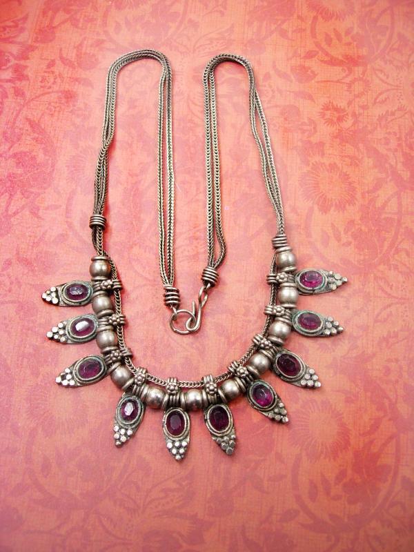 Vintage Byzantine Garnet slide festoon necklace woven silver chain collar