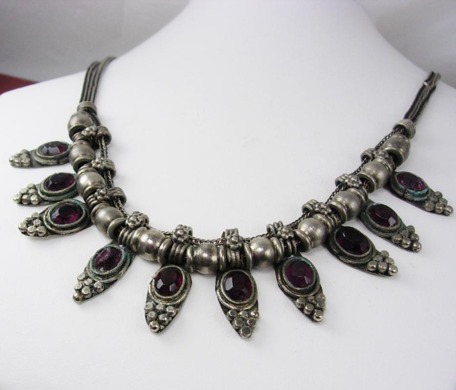 Vintage Byzantine Garnet slide festoon necklace woven silver chain collar