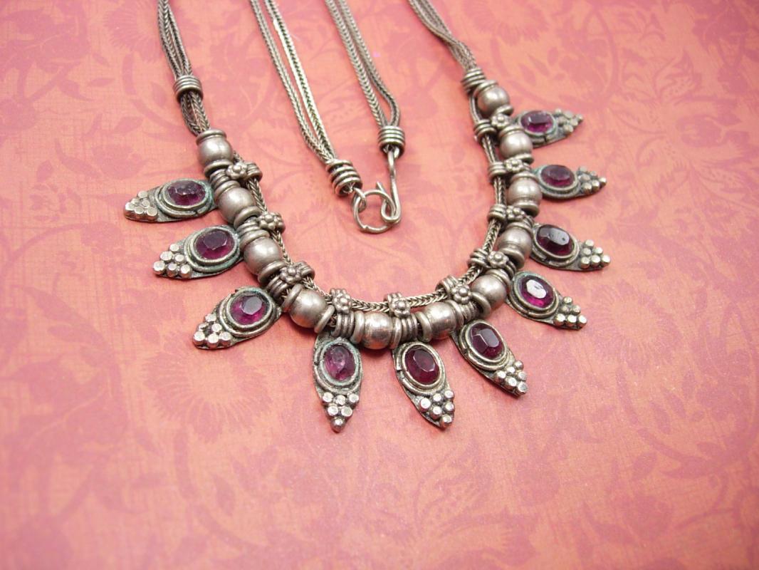 Vintage Byzantine Garnet slide festoon necklace woven silver chain collar