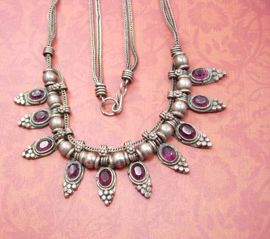 Vintage Byzantine Garnet slide festoon necklace woven silver chain collar