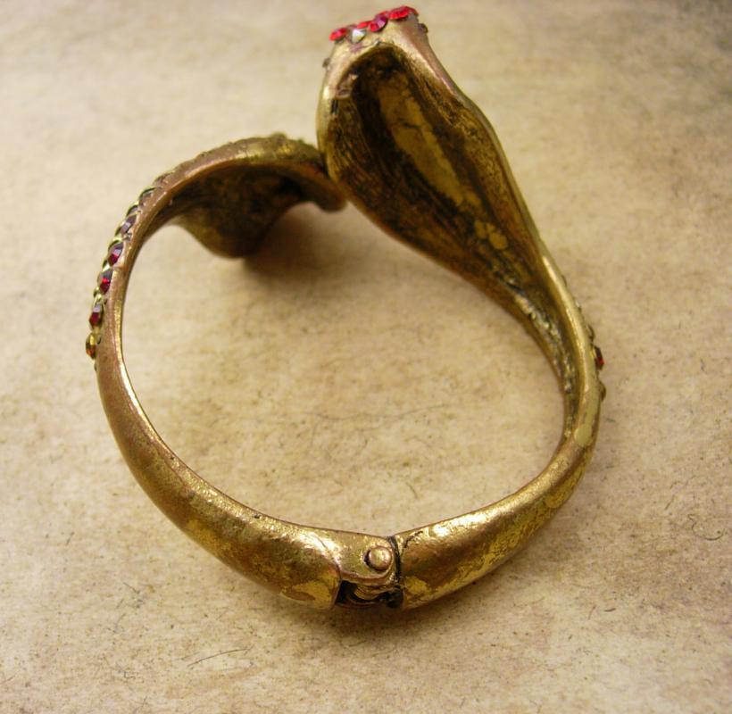 Vintage cleopatra Rhinestone snake bracelet brass Clamper serpent head