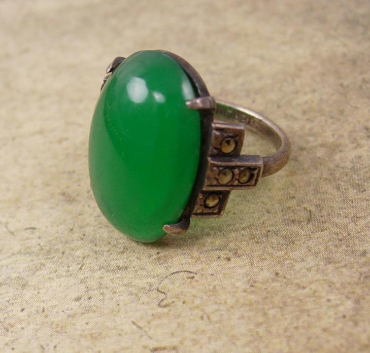 Antique Chrysoprase sterling deco ring with marcasites Stone of Venus