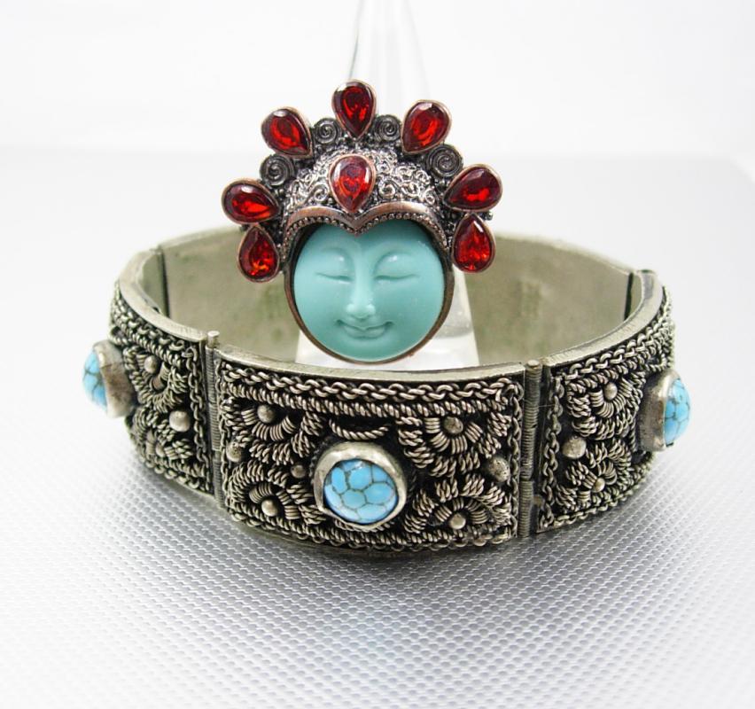 Fabulous Vintage Etruscan Bracelet Goddess Garnet ring Turquoise hallmarked