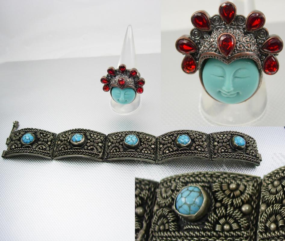 Fabulous Vintage Etruscan Bracelet Goddess Garnet ring Turquoise hallmarked