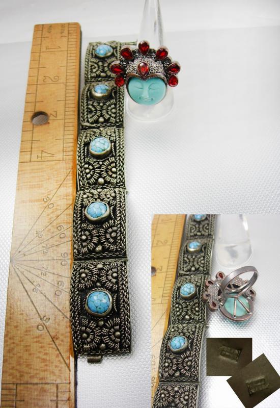 Fabulous Vintage Etruscan Bracelet Goddess Garnet ring Turquoise hallmarked