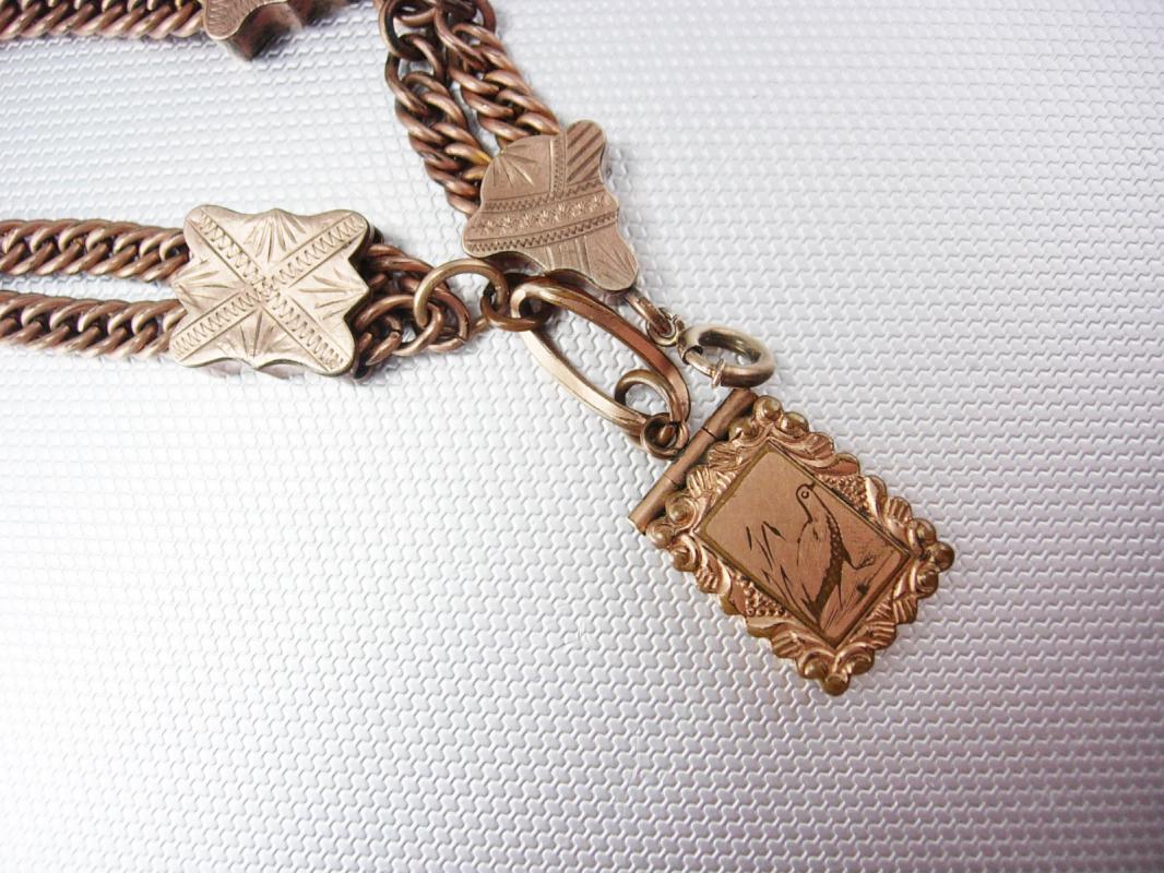 GREAT old Antique Rose gold Locket Bracelet watch fob figural bird
