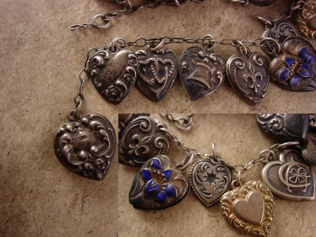 Antique 18 PUFFY Heart Charm bracelet Sterling charms sweetheart enamel and more