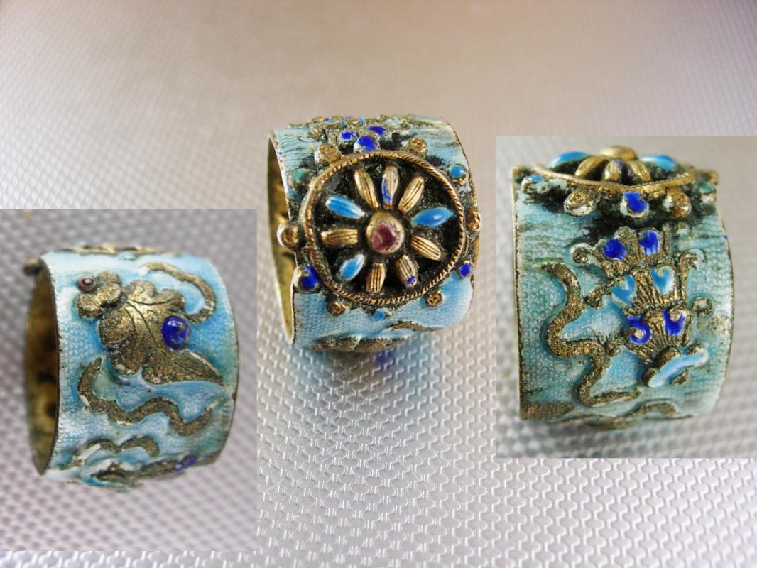 Antique Chinese enamel Ring Octopus flower wide band