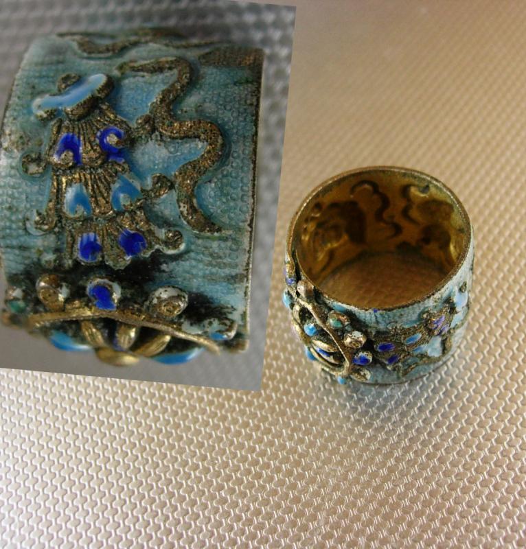 Antique Chinese enamel Ring Octopus flower wide band