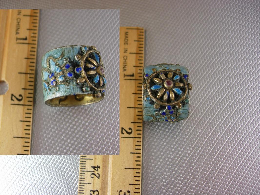 Antique Chinese enamel Ring Octopus flower wide band