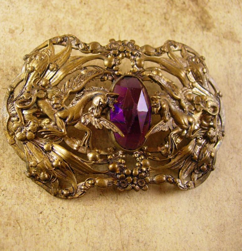 Antique Pegasus Amethyst Sash pin Mythical Winged horse brooch