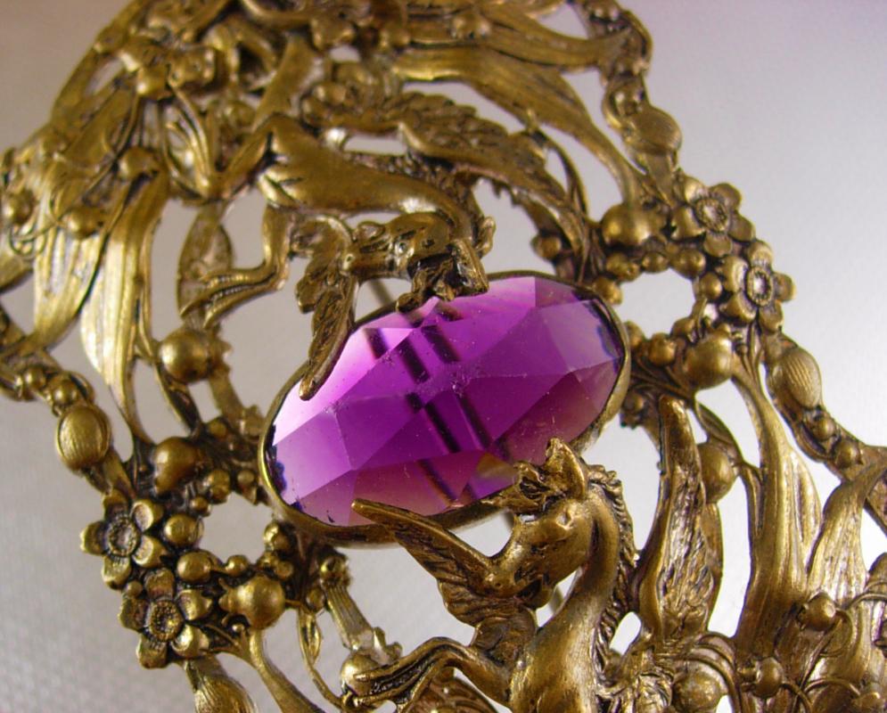 Antique Pegasus Amethyst Sash pin Mythical Winged horse brooch