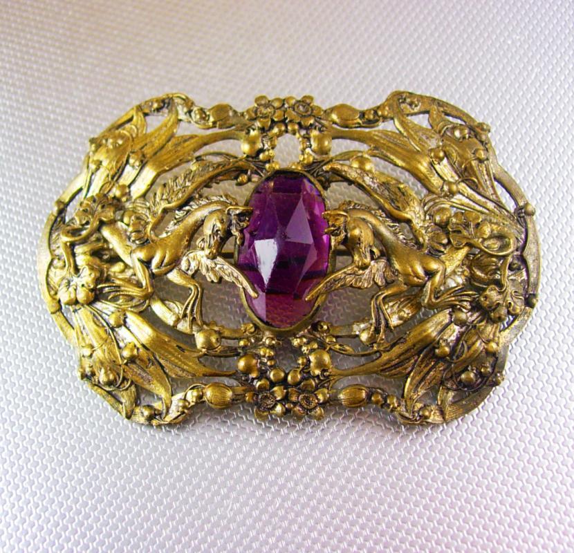 Antique Pegasus Amethyst Sash pin Mythical Winged horse brooch