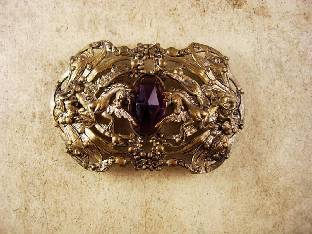 Antique Pegasus Amethyst Sash pin Mythical Winged horse brooch